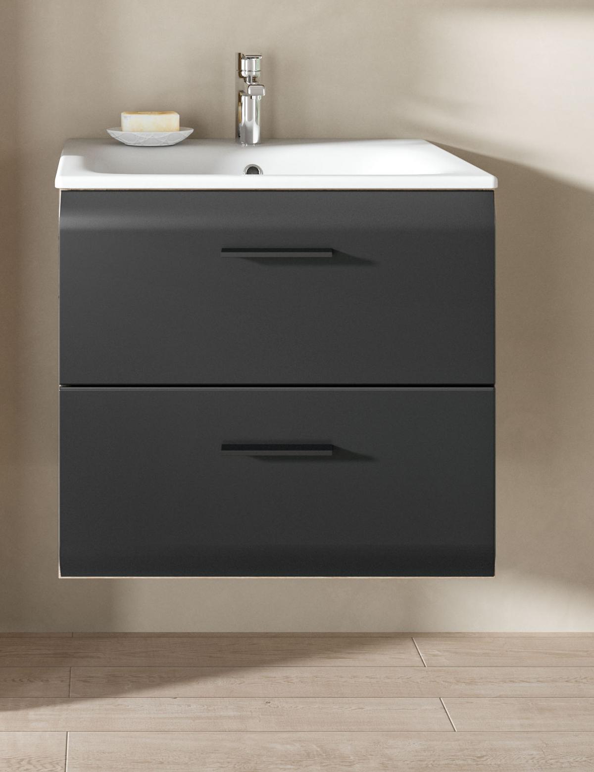 WASCHTISCH mit Waschbecken, schwarz matt, Eiche Nox, Waschtischunterschrank 60 cm mit Schubkästen - Eichefarben/Schwarz, Keramik/Holzwerkstoff (60/55/46cm) - Inn.Furn