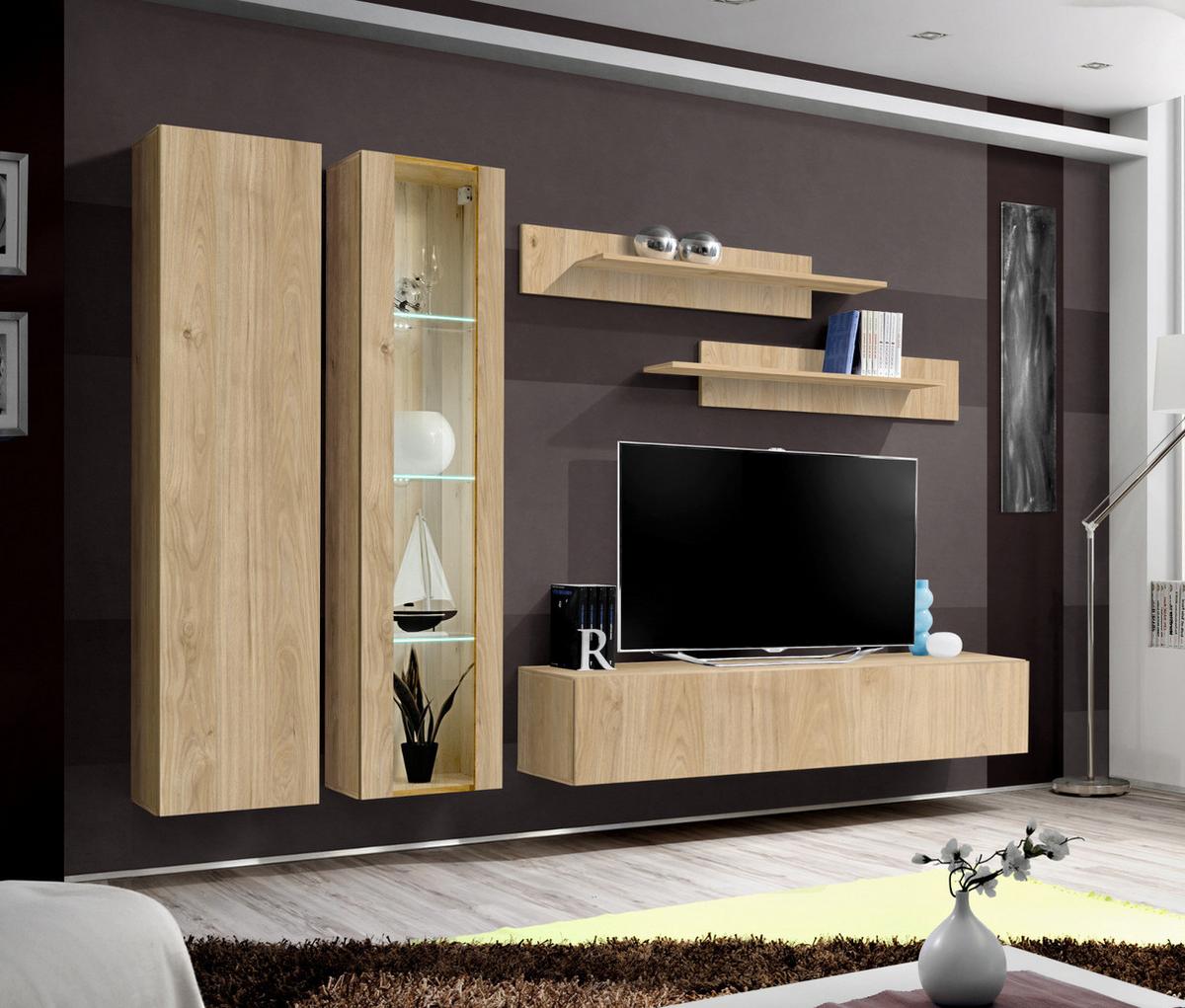 WOHNWAND Eiche Jackson 260 cm 5-teilig, Schrankwand hängend mit LED-Beleuchtung - Eichefarben, Glas/Holzwerkstoff (260/170/40cm) - Inn.Furn