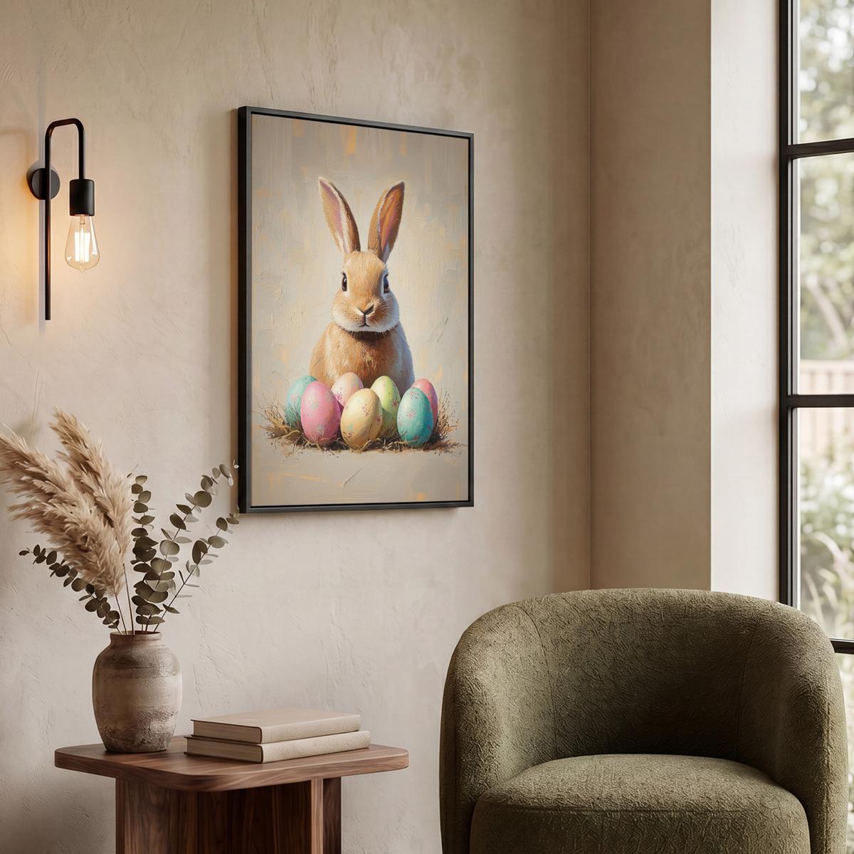 LEINWAND Bilder mit Rahmen - Osterhase - Pastell - Eier - 50x70 - Beige, Textil (50/70cm) - MuchoWow