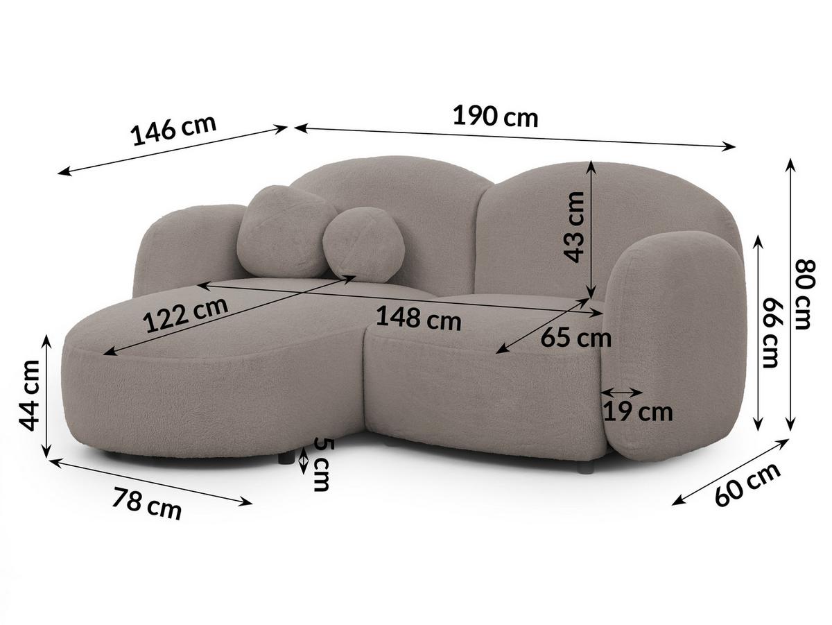 ECKSOFA Nuvola mit abgerundetem Design Hellgrau Bouclé-Stoff - Ottomane Links - Hellgrau/Schwarz, Holz/Kunststoff (190/146cm) - S-Style Möbel