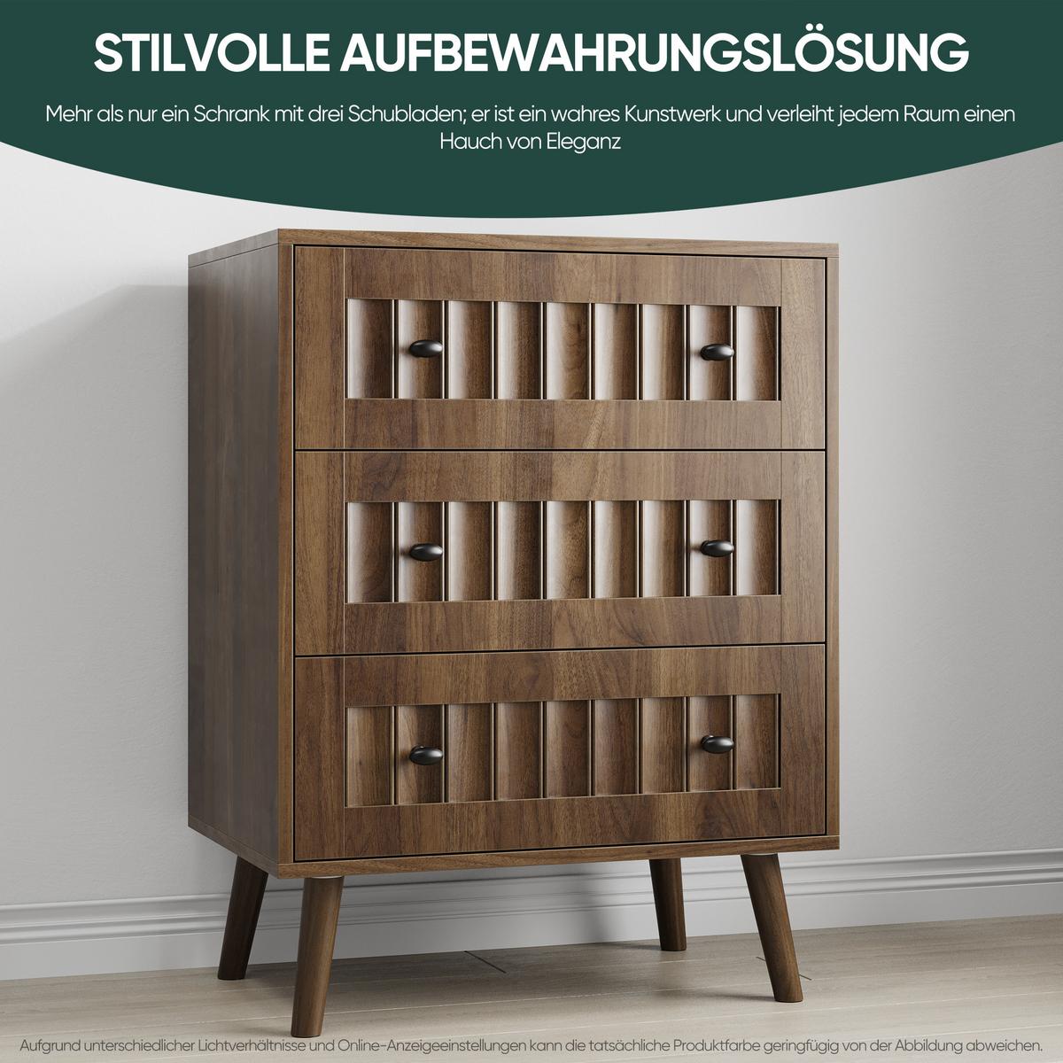 SIDEBOARD walnuss-optik & rillen-design mit 3 schubladen & massivholzbeinen - Walnussfarben, Holzwerkstoff (60/78/40cm) - Urban Meuble