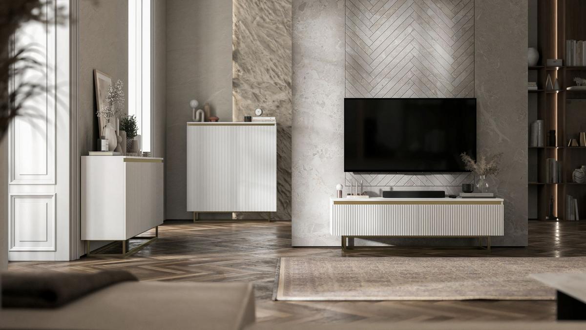 HIGHBOARD Selene 2D Weiß Matt 111 cm goldfarbener Rahmen - Goldfarben/Weiß, Holzwerkstoff/Metall (111/125/35cm) - Meble Lindner