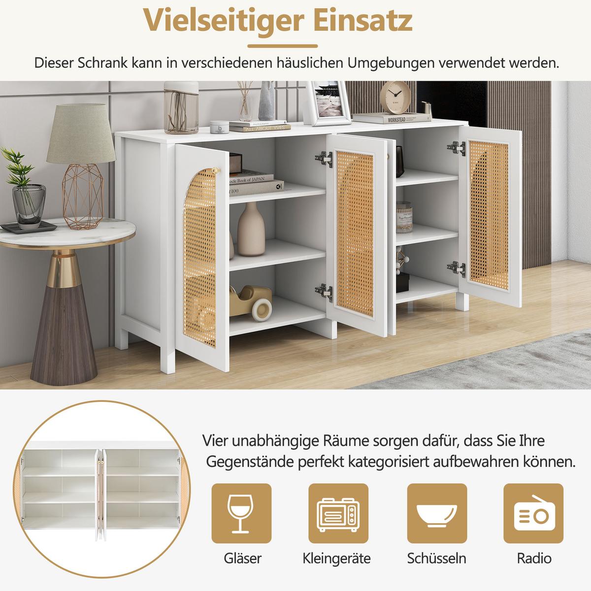 SIDEBOARD mit Kunst-Rattan-Türen Verstellbaren Regalen - Weiß, Holzwerkstoff (145/40/80cm) - Urban Meuble