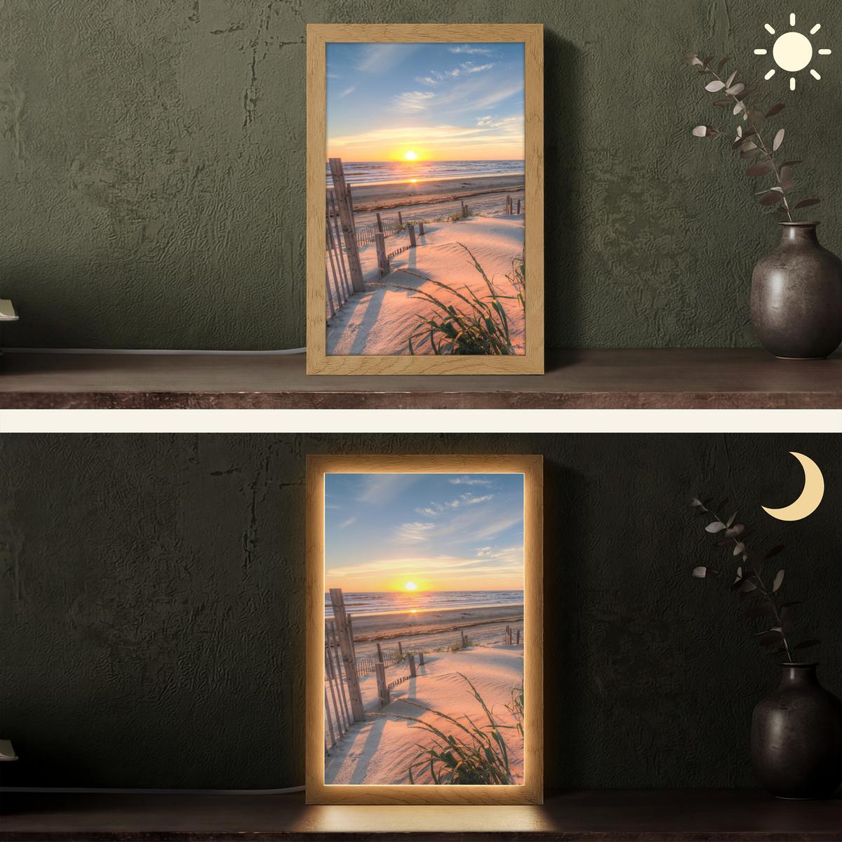 TISCHLEUCHTE Strand - Meer - Düne - Sonnenuntergang - Landschaft 20x30 cm - Creme, Holzwerkstoff (8/20/30cm) - OnlyWow