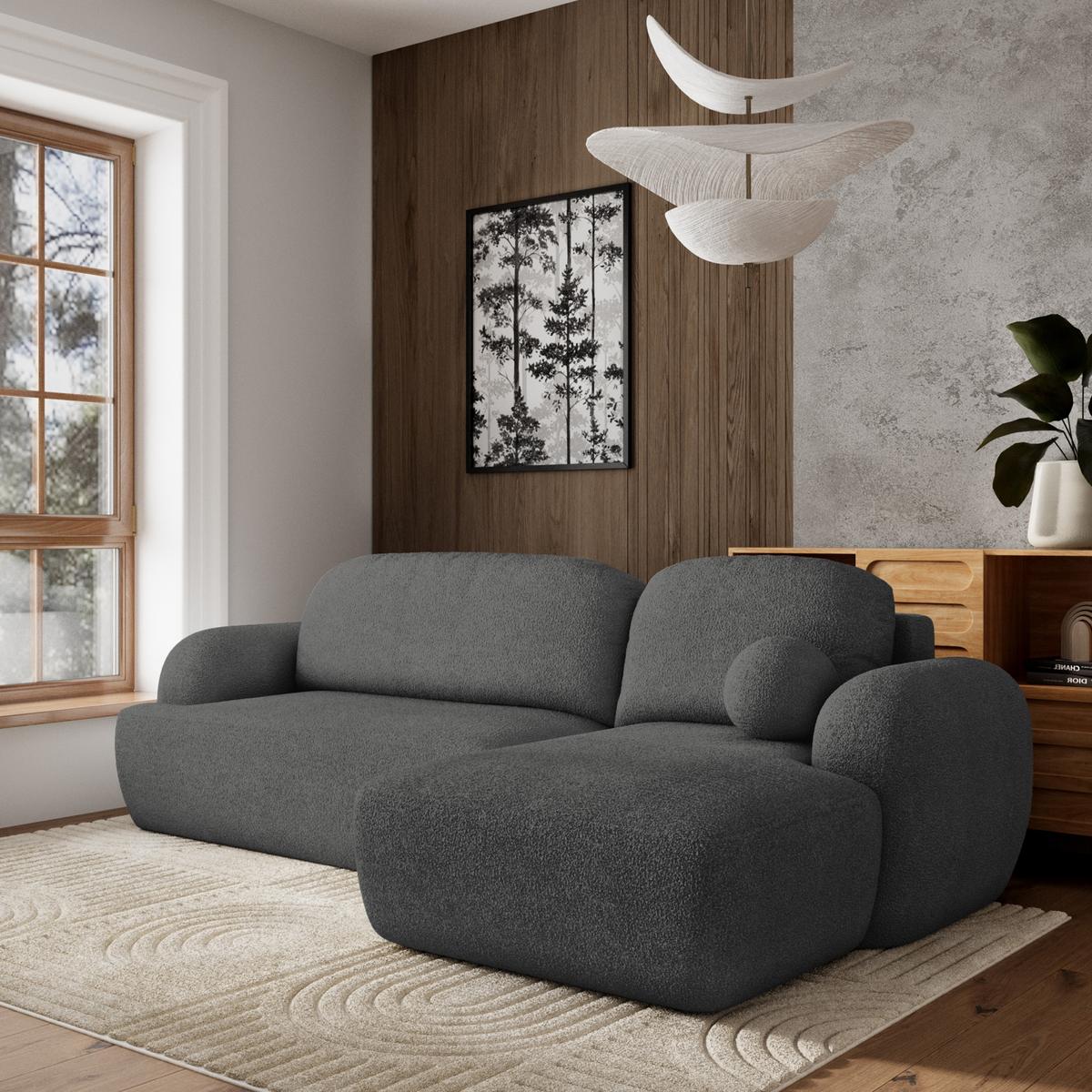 ECKSOFA MODENZA N R-S Grau Boucle-Stoff mit Schlaffunktion - Schwarz/Grau, Holz/Kunststoff (266/148cm) - MASSENO