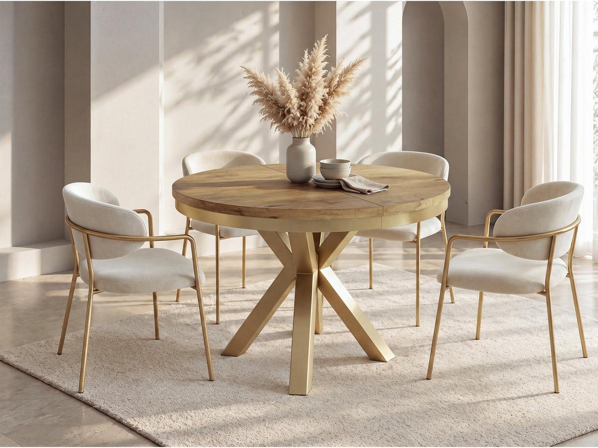 ESSTISCH Clara Gold runder ausziehbarer, Lancelot Eiche 120-200/120/76 cm - Eichefarben/Goldfarben, Holzwerkstoff/Metall (120/196/76cm) - WFL GROUP