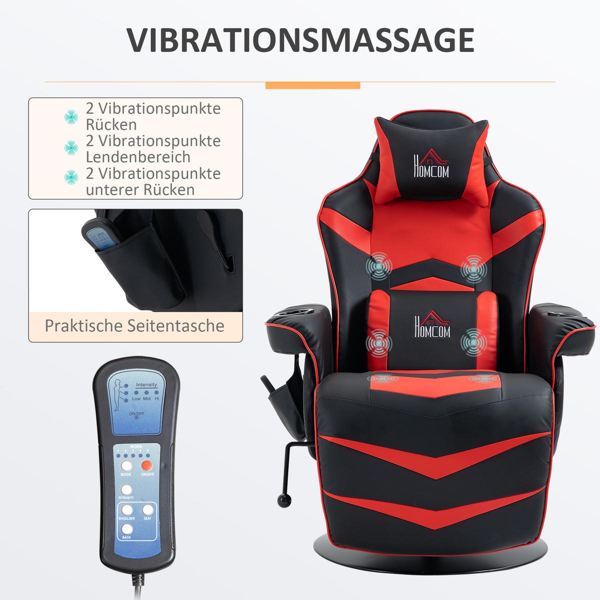 RELAXSESSEL mit Massagefunktion, Elektrisch Fernsehsessel mit Liegefunktion - Rot/Schwarz, Leder/Metall (80/111.5/78cm) - HOMCOM