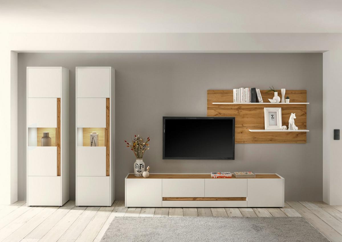WOHNWAND weiß, Eiche Wotan 4-teilig 400 cm, Schrankwand mit viel Stauraum - Schwarz/Weiß, Glas/Holz (400/197/45cm) - Furn.Design