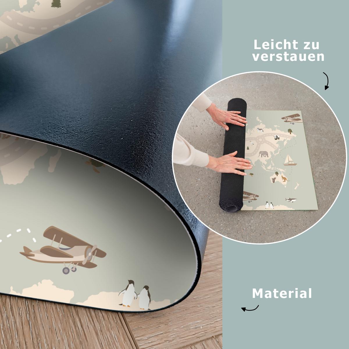 KINDERTEPPICH Weltkarte - Tiere - Flugzeug - Kind - Heißluftballon Spielmatte 135x90 cm - Salbeigrün, Kunststoff (135/0.3cm) - OnlyWow