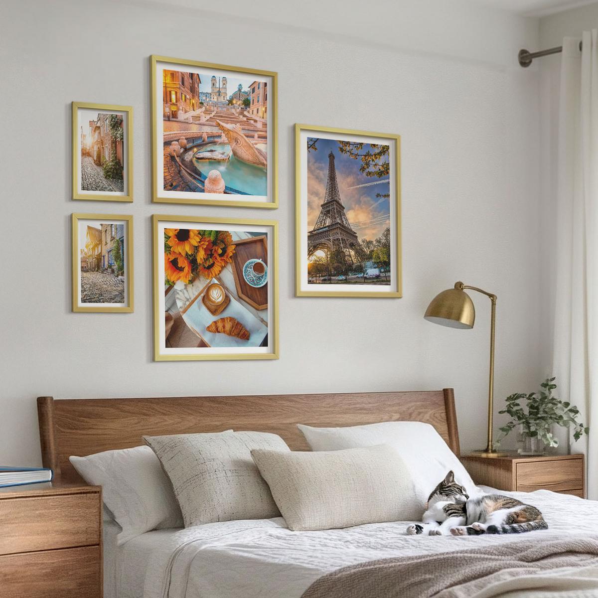 BILDER SET 5er Set - 50x50 cm & 20x30 cm & 40x60 cm Goldrahmen - Charmante Straßen mit Kaffee - Goldfarben, Kunststoff (40/60cm) - TULUP