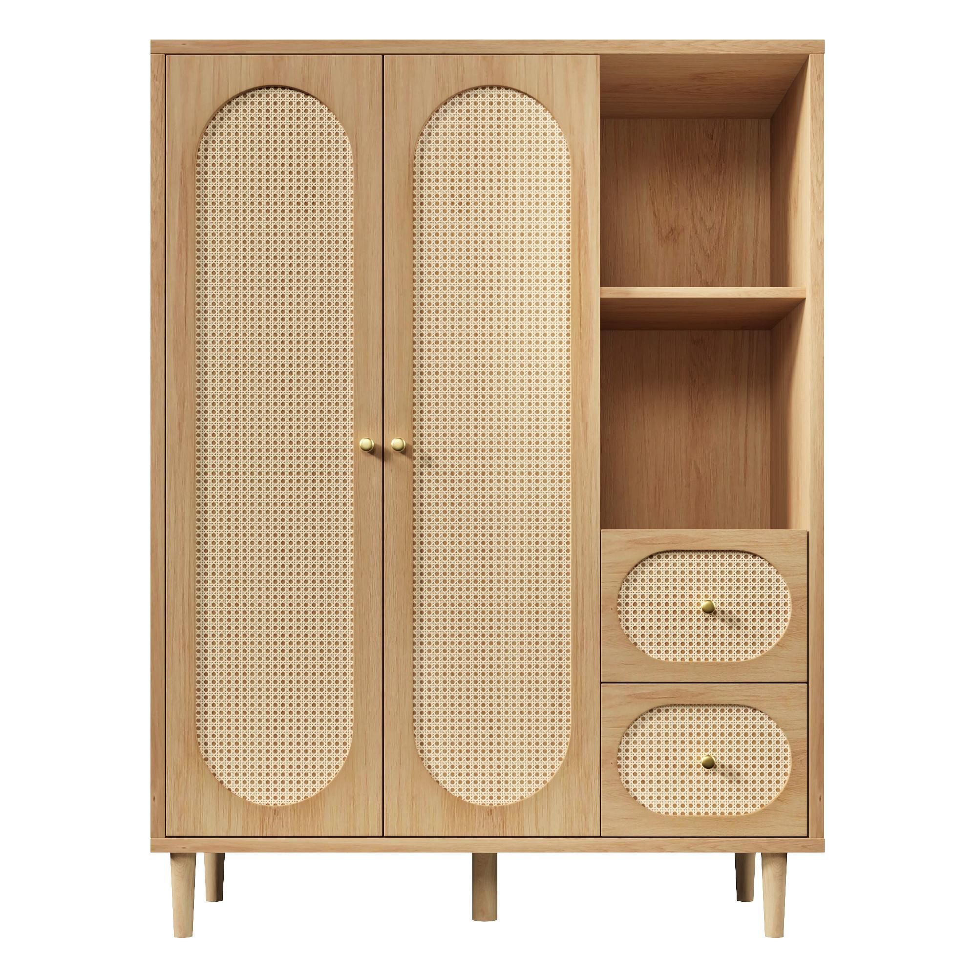 KLEIDERSCHRANK in Eichenoptik mit Rattan-Dekor, offenen Regalen und 2 Schubladen - Eichefarben, Holz (120/161/44cm) - Urban Meuble