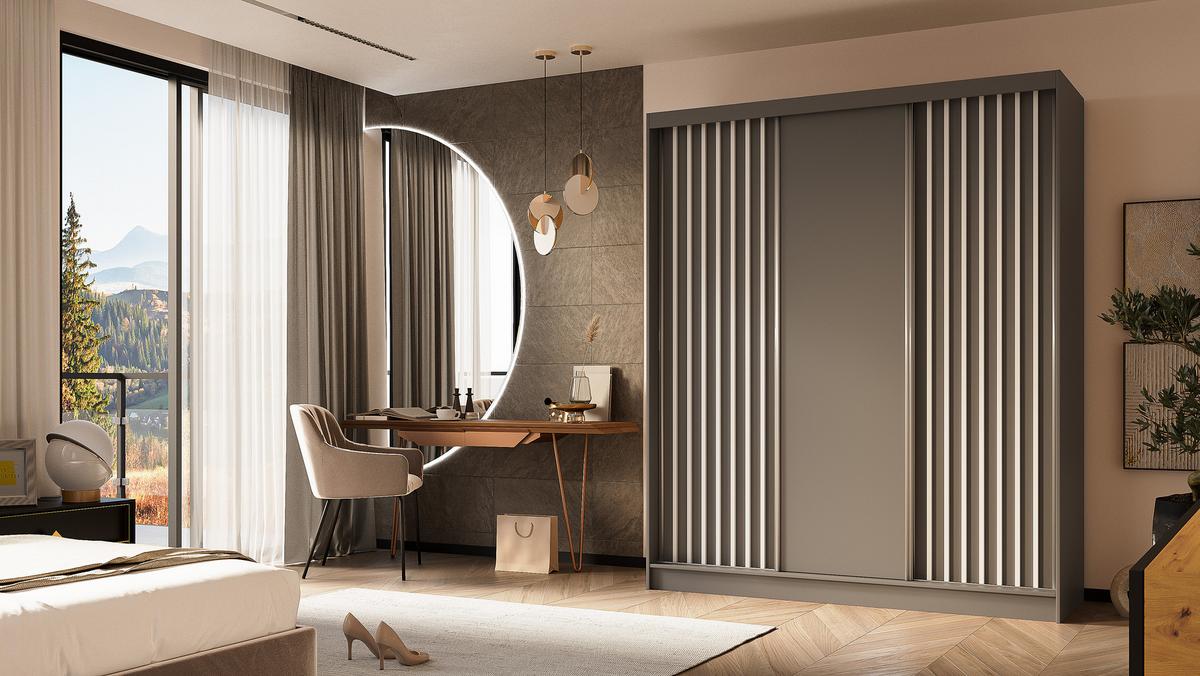 KLEIDERSCHRANK mit furnierten Schiebetüren und Aluminium-Leisten - LABELO - 180 cm Grau+Grau+Weiß - Weiß/Grau, Holzwerkstoff (180/216/61cm) - ALTDECOR