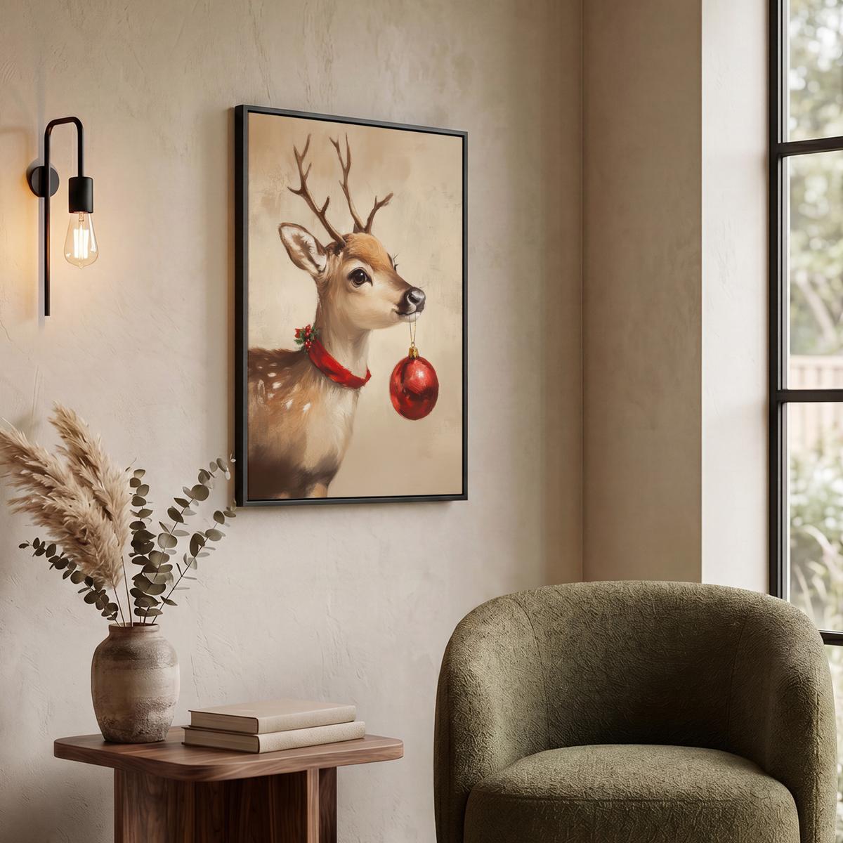 LEINWAND Bilder mit Rahmen - Weihnachten - Hirsch - Geweih - Weihnachtskugel - Rentier - 50x70 - Hellbraun, Textil (50/70cm) - MuchoWow