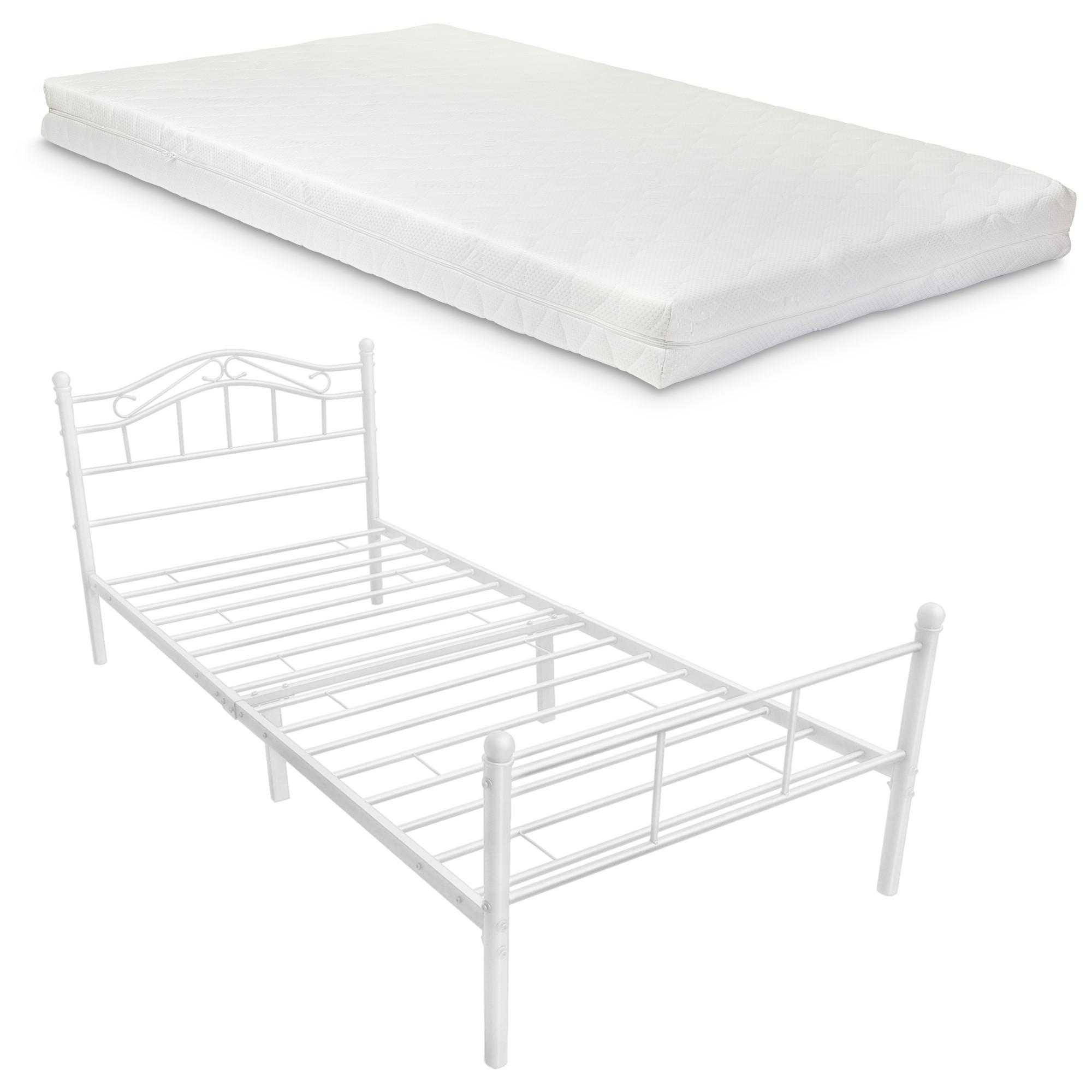 METALLBETT Florenz mit Matratze - Weiß, Textil/Metall (120/200cm) - [en.casa]