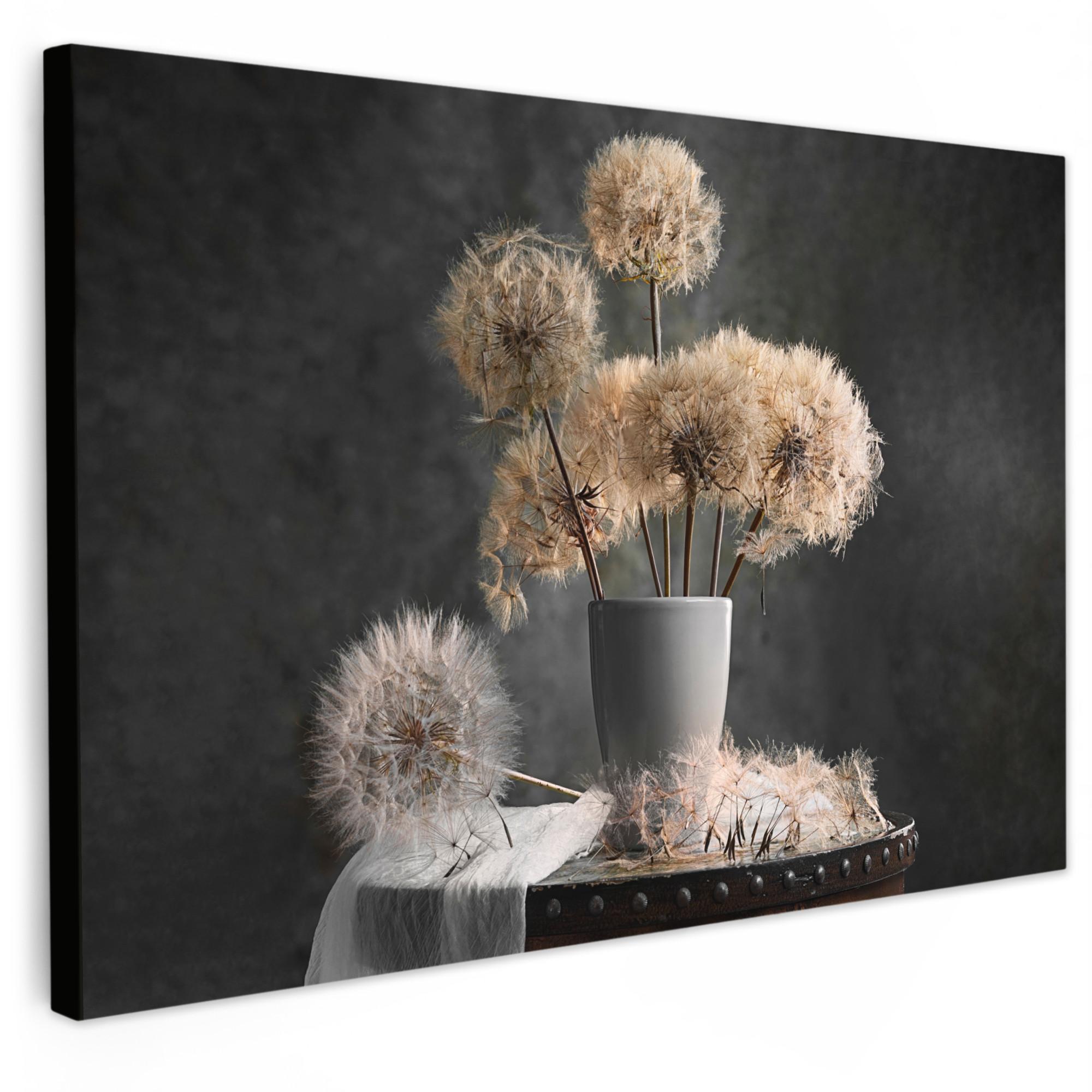 LEINWANDBILD Blumensamen - Löwenzahn - Vase - Stilleben - Blumenstrauß Deko Schlafzimmer 30x20 cm - Dunkelgrau, Textil (30/20cm) - MuchoWow