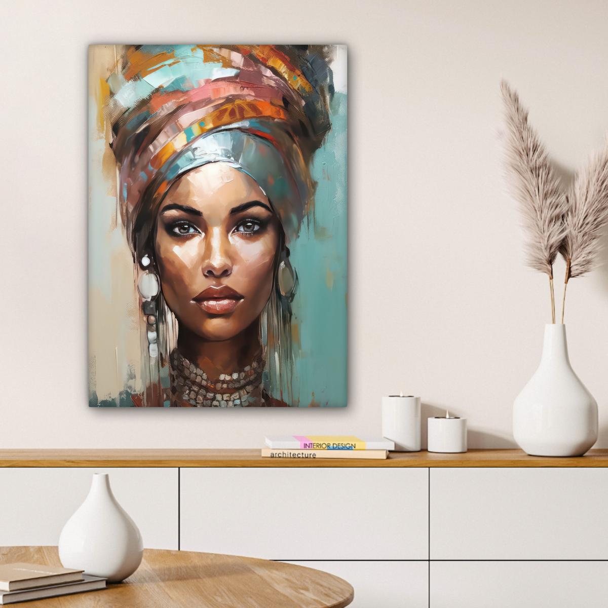 LEINWANDBILD Frau - Kunst - Schmuck - Porträt Wandbild Wohnzimmer 60x80 cm - Blaugrau, Textil (60/80cm) - MuchoWow