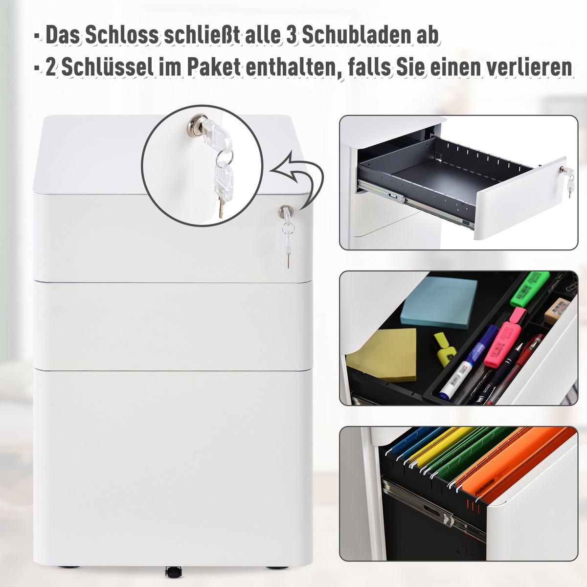 ROLLCONTAINER mobiler Aktenschrank mit 3 Schubladen Büroschrank Stahl Weiß - Weiß, Metall (48/59/39cm) - Vinsetto
