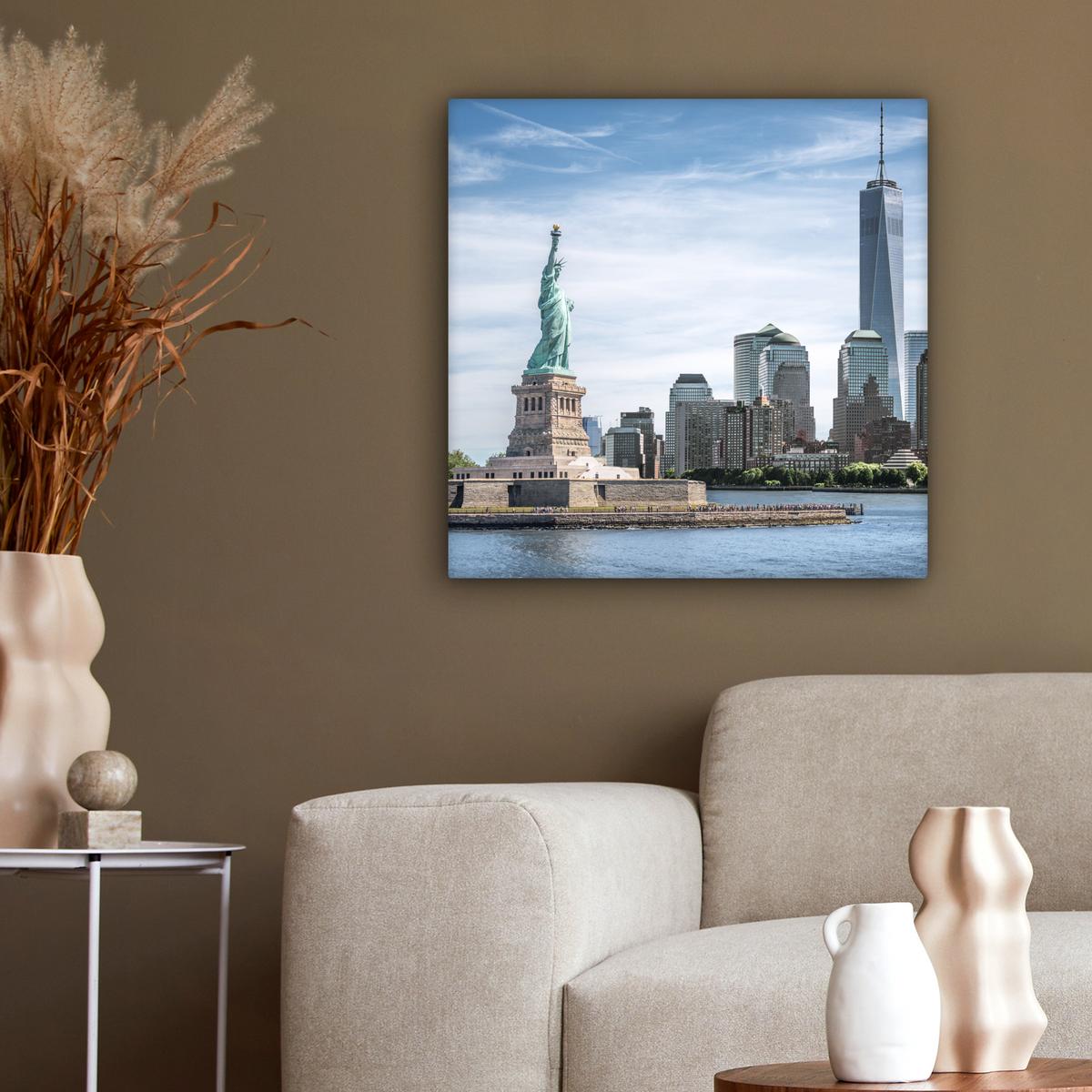 LEINWANDBILD New York - Freiheitsstatue - Wasser Wandbild Wohnzimmer 50x50 cm - Hellblau, Textil (50/50cm) - MuchoWow