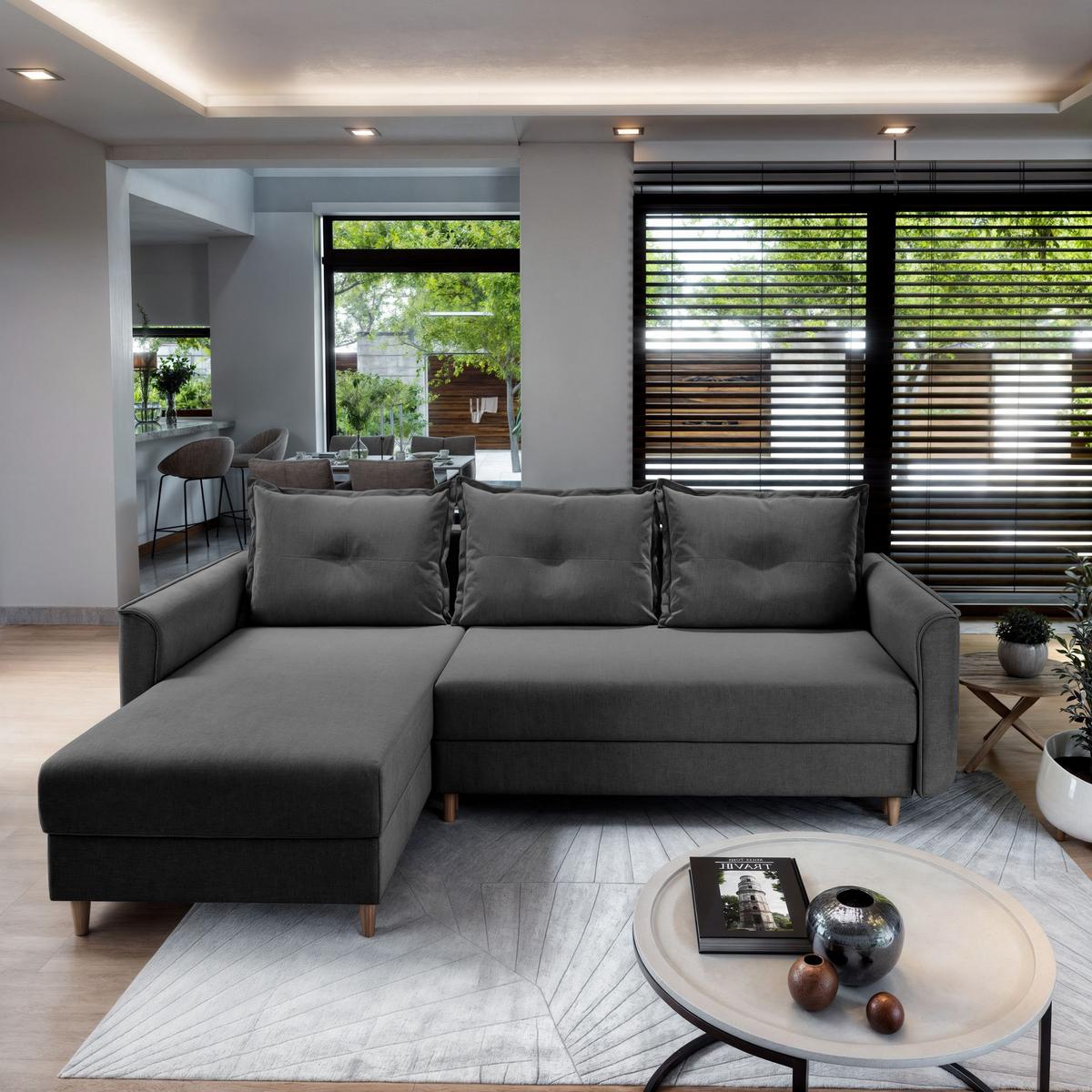 ECKSOFA PISAN L-S Grau Plüsch-Stoff mit Schlaffunktion - Braun/Grau, Holz/Textil (220/140cm) - MASSENO