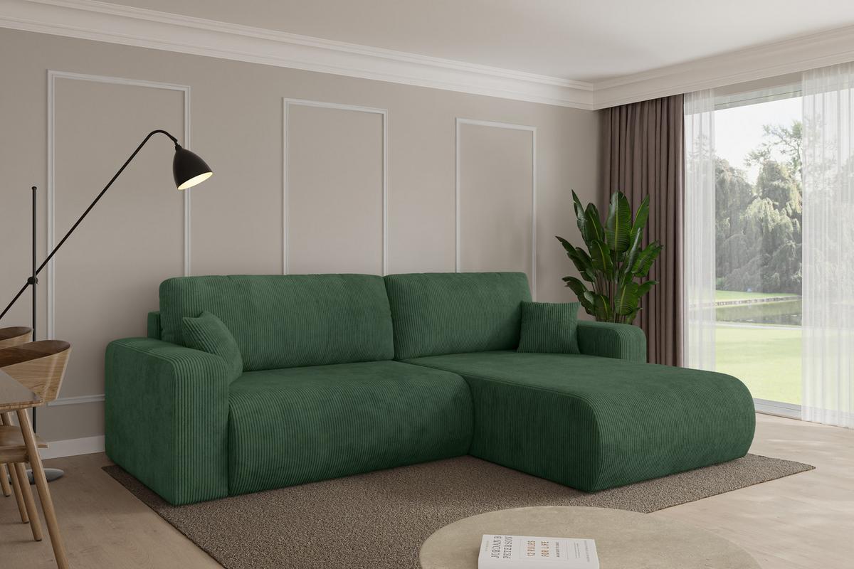 ECKSOFA mit Schlaffunktion Ottomane Rechts BERY-L 276x193x88 Grün Cord - Dunkelgrün/Schwarz, Holzwerkstoff/Kunststoff (276/193cm) - ALTDECOR