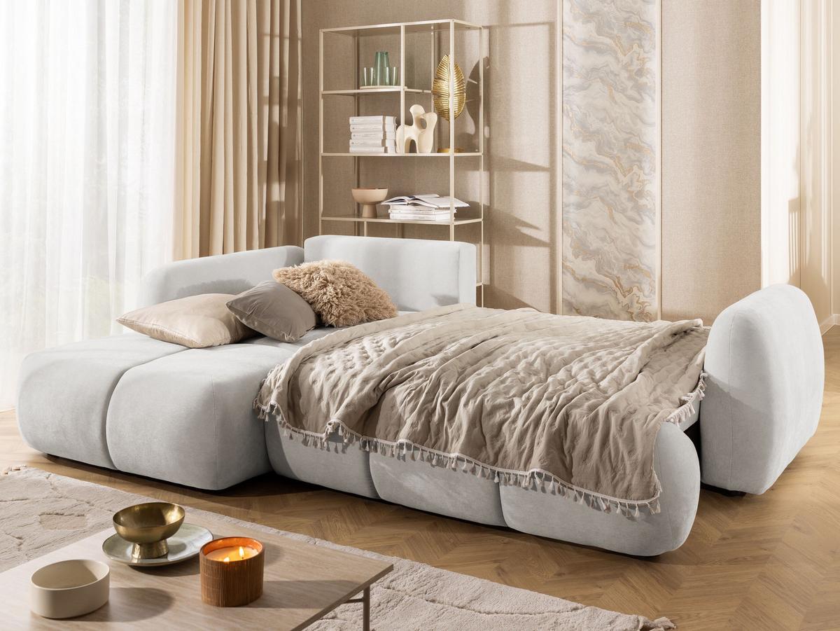 ECKSOFA Loretto aus natürlichem Creme Webstoff mit Schlaffunktion, Bettkasten und tiefen Steppungen in Bubble-Optik - Creme/Schwarz, Holz/Kunststoff (180/275cm) - S-Style