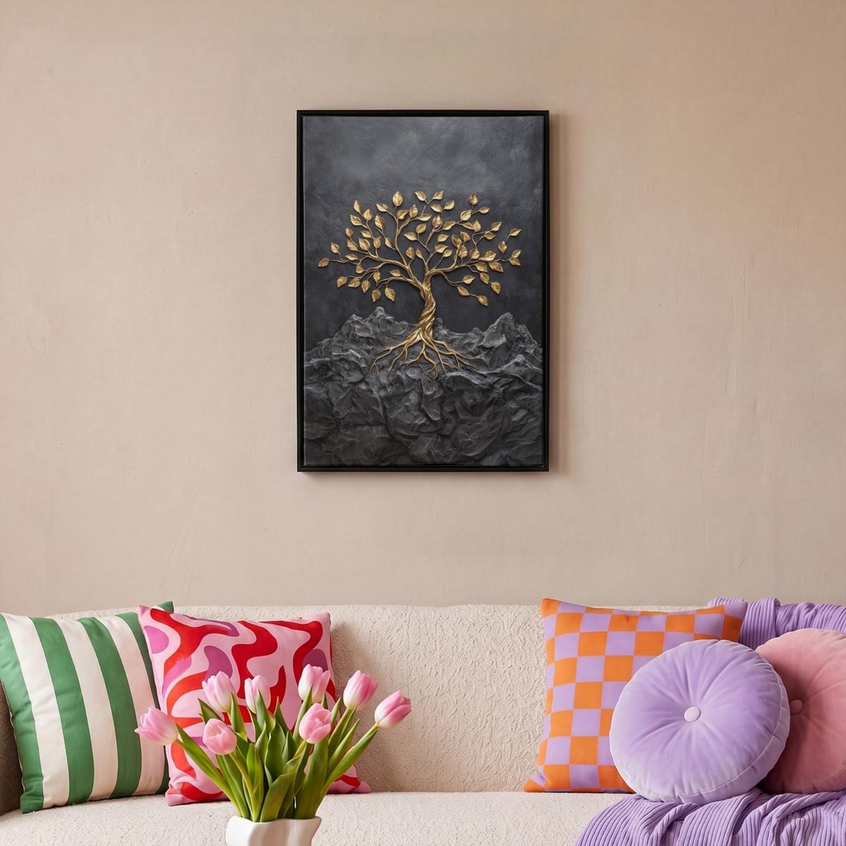 LEINWAND Bilder mit Rahmen - Blätter - Gold - Baum - Fels - 40x60 - Schwarz, Textil (40/60cm) - MuchoWow
