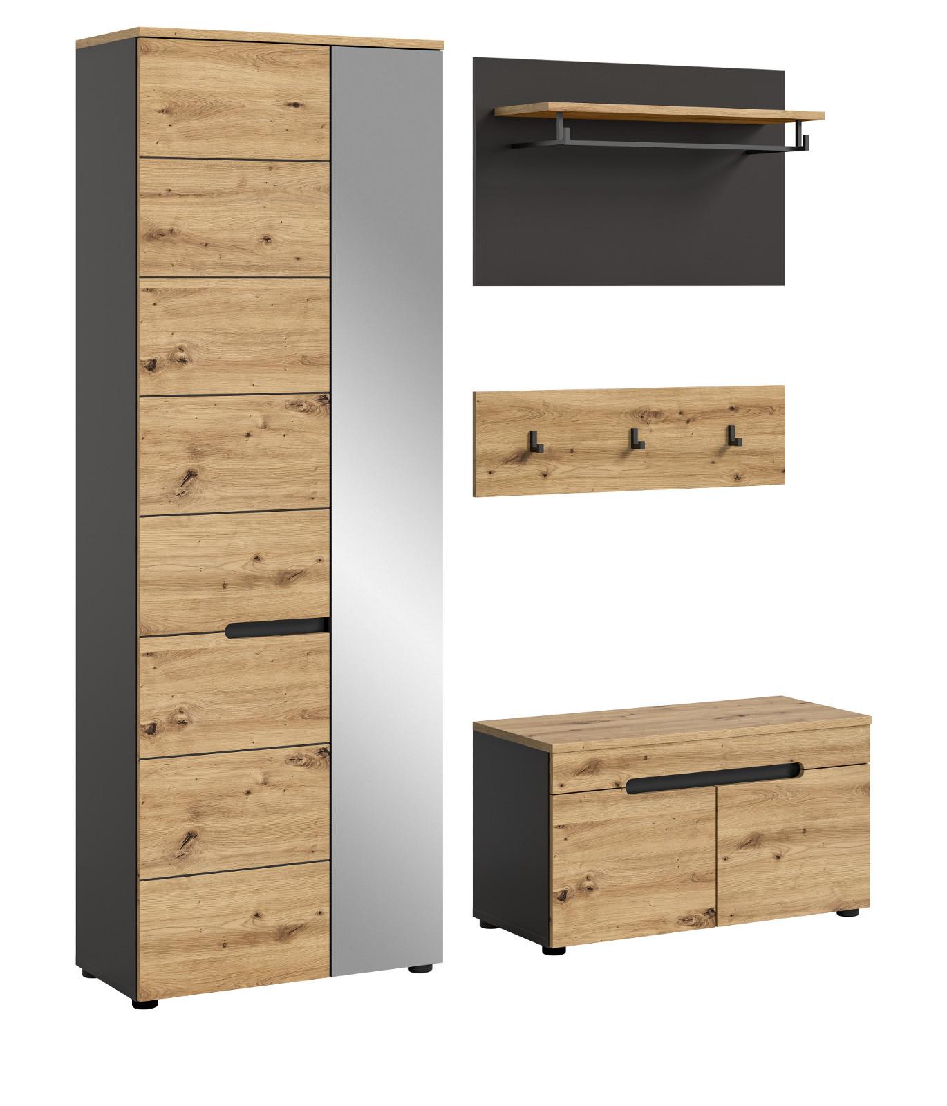 GARDEROBE Set 4-teilig Eiche Artisan und grau 160 cm, mit Soft-Close - Schwarz/Eiche Artisan, Glas/Holzwerkstoff (160/190/37cm) - Inn.Furn