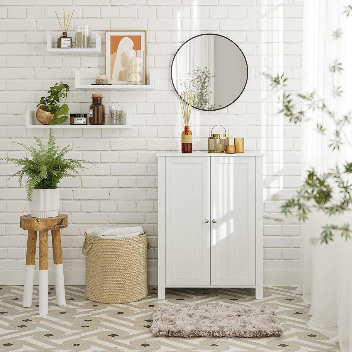 BADEZIMMER-BODENSCHRANK, Badezimmerschrank mit 4 Schubladen, freistehender Badezimmerschrank, mit 1 Tür, verstellbares Regal, 30 x 55 x 82 cm, Grau LH - Weiß, Holzwerkstoff (30/80/36cm) - Calicosy