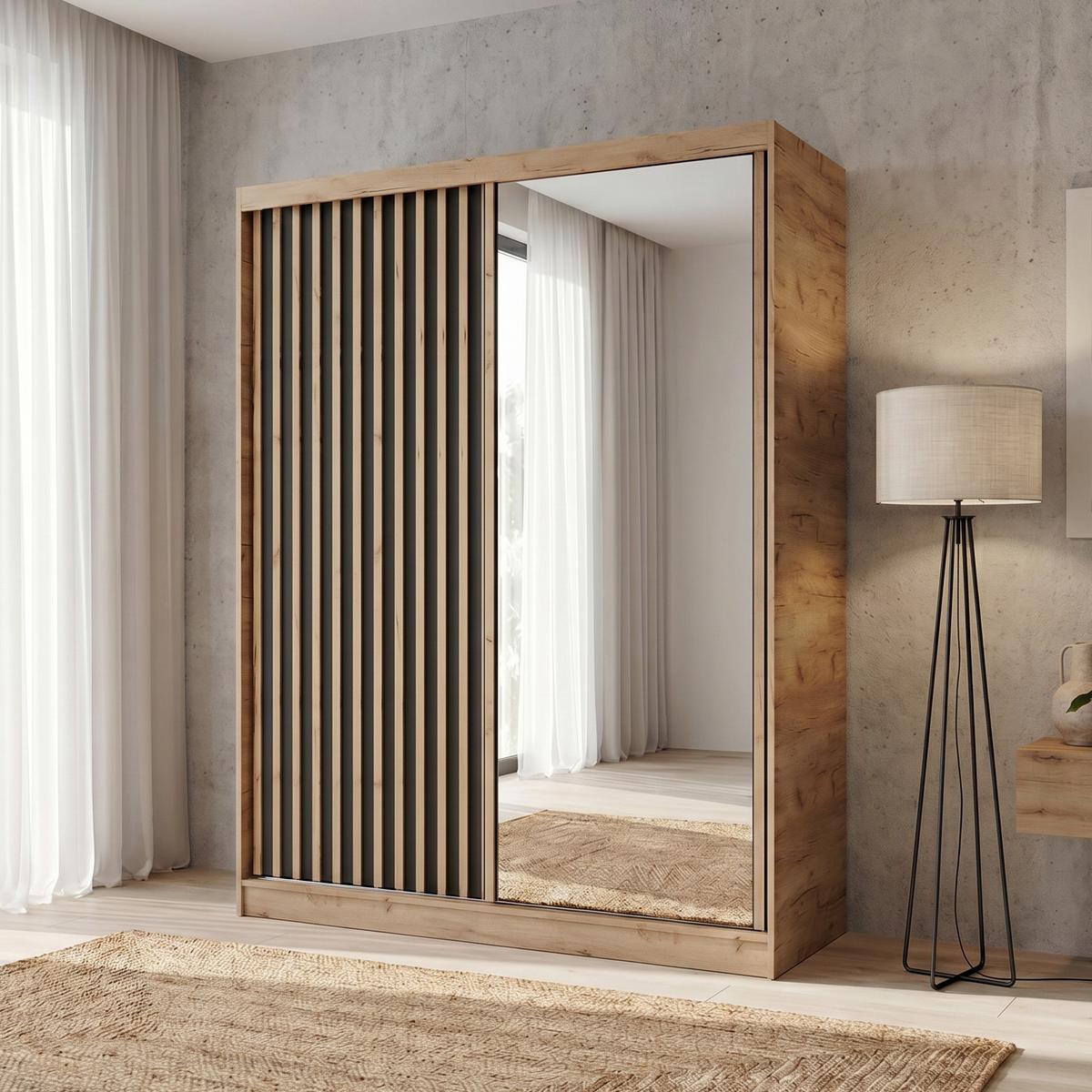 SCHWEBETÜRENSCHRANK Donatello mit 2 Türen und Schubkasteneinsatz, 160 cm, eiche Artisan+Schwarz - Schwarz/Eiche Artisan, Holzwerkstoff (160/205/60cm) - Beautysofa