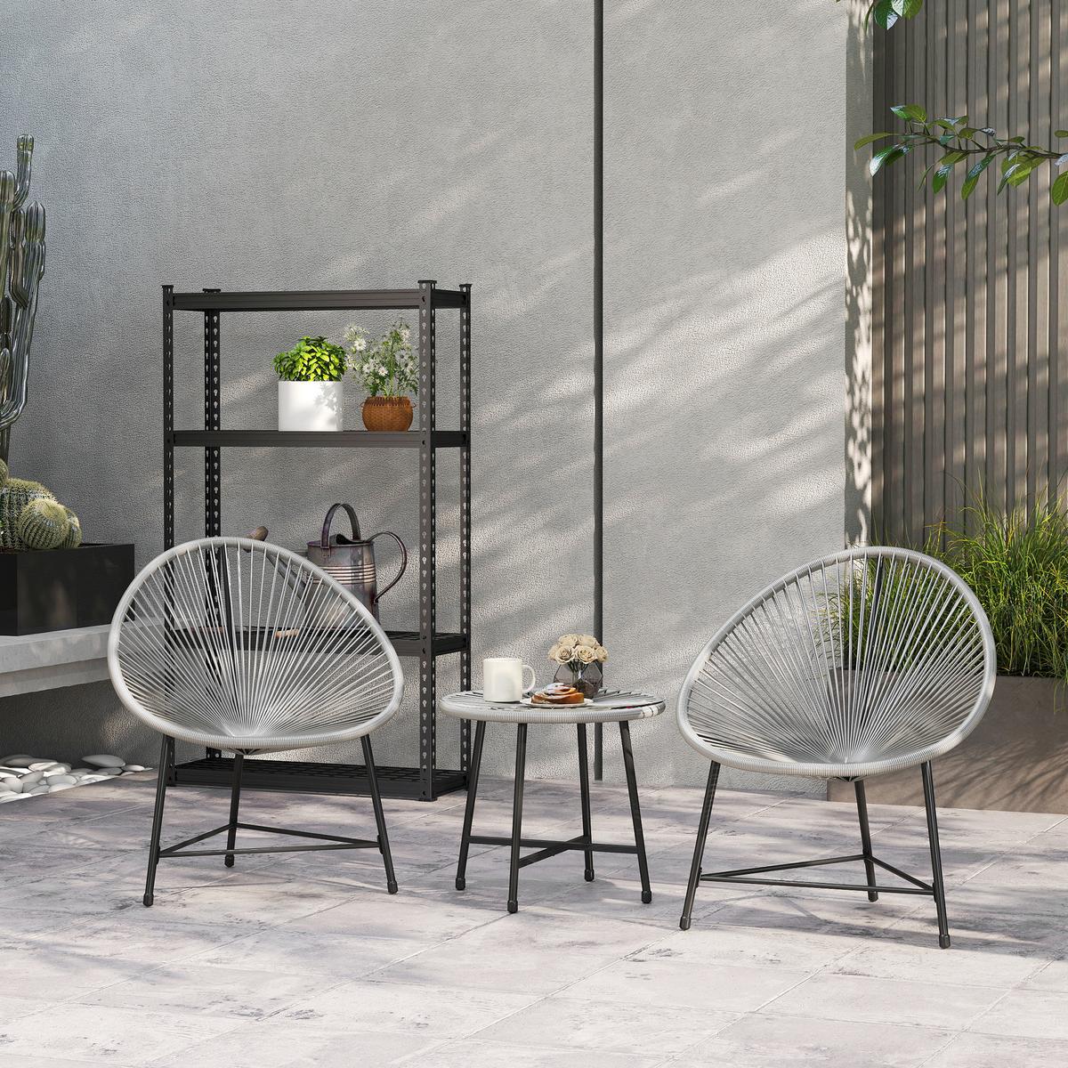 GARTENSET 3 TLG. Tisch mit Glasplatte Hellgrau - Schwarz/Grau, Kunststoff/Metall - Outsunny