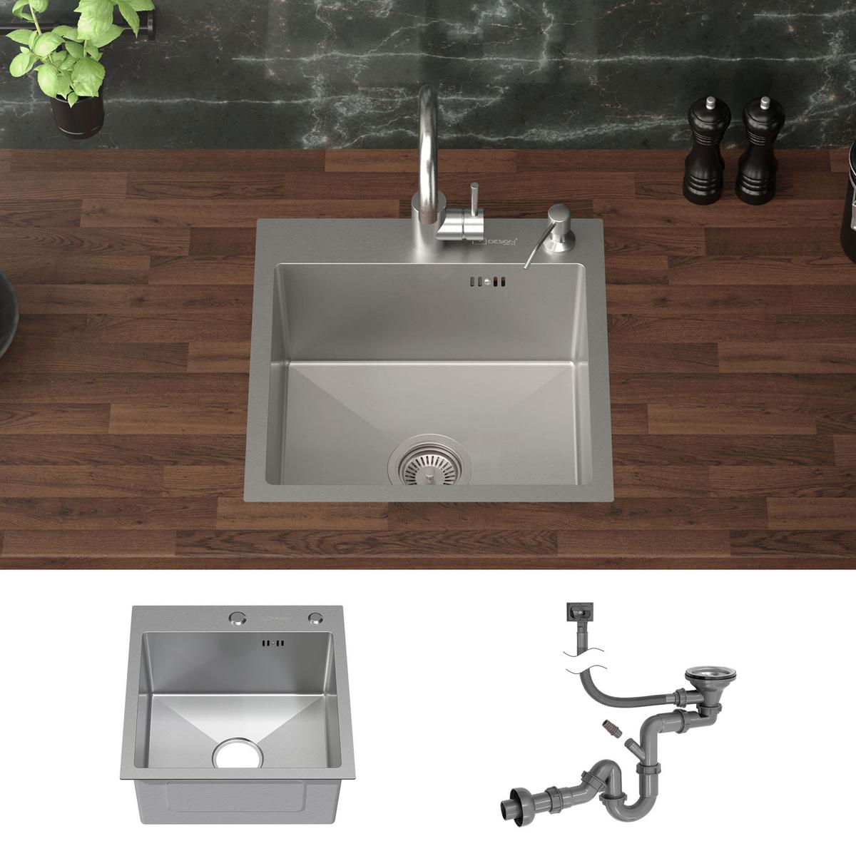 SPÜLBECKEN aus Edelstahl 45x45 cm mit Siphon - Silberfarben, Metall (45/19/45cm) - ML-DESIGN