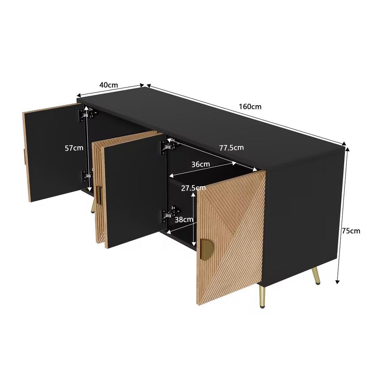 SIDEBOARD mit Rautenmuster-Türen – 160/40/40cm - Schwarz, Holzwerkstoff/Metall (160/75/40cm) - Urban Meuble