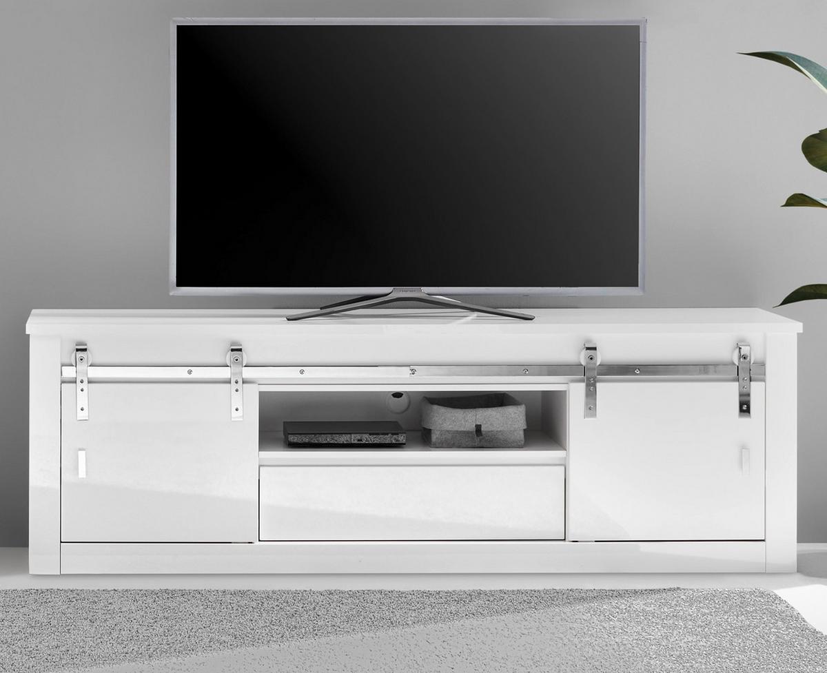 TV-LOWBOARD weiß Hochglanz 201 x 66 cm, TV Unterteil in Komforthöhe mit Soft-Close - Chromfarben/Weiß Hochglanz, Holzwerkstoff/Kunststoff (201/66/43cm) - Furn.Design