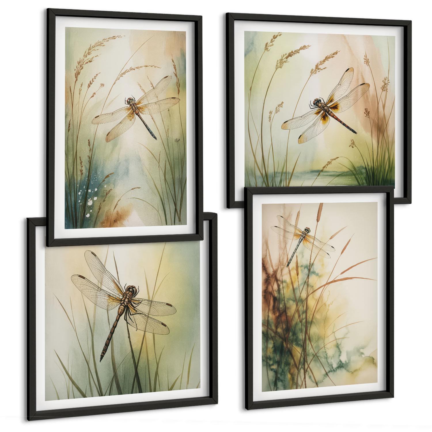 BILDER SET 4er Set - 50x50 cm & 40x60 cm Schwarzer Rahmen - Libellengräser über dem Wasser - Schwarz, Kunststoff (50/50cm) - TULUP