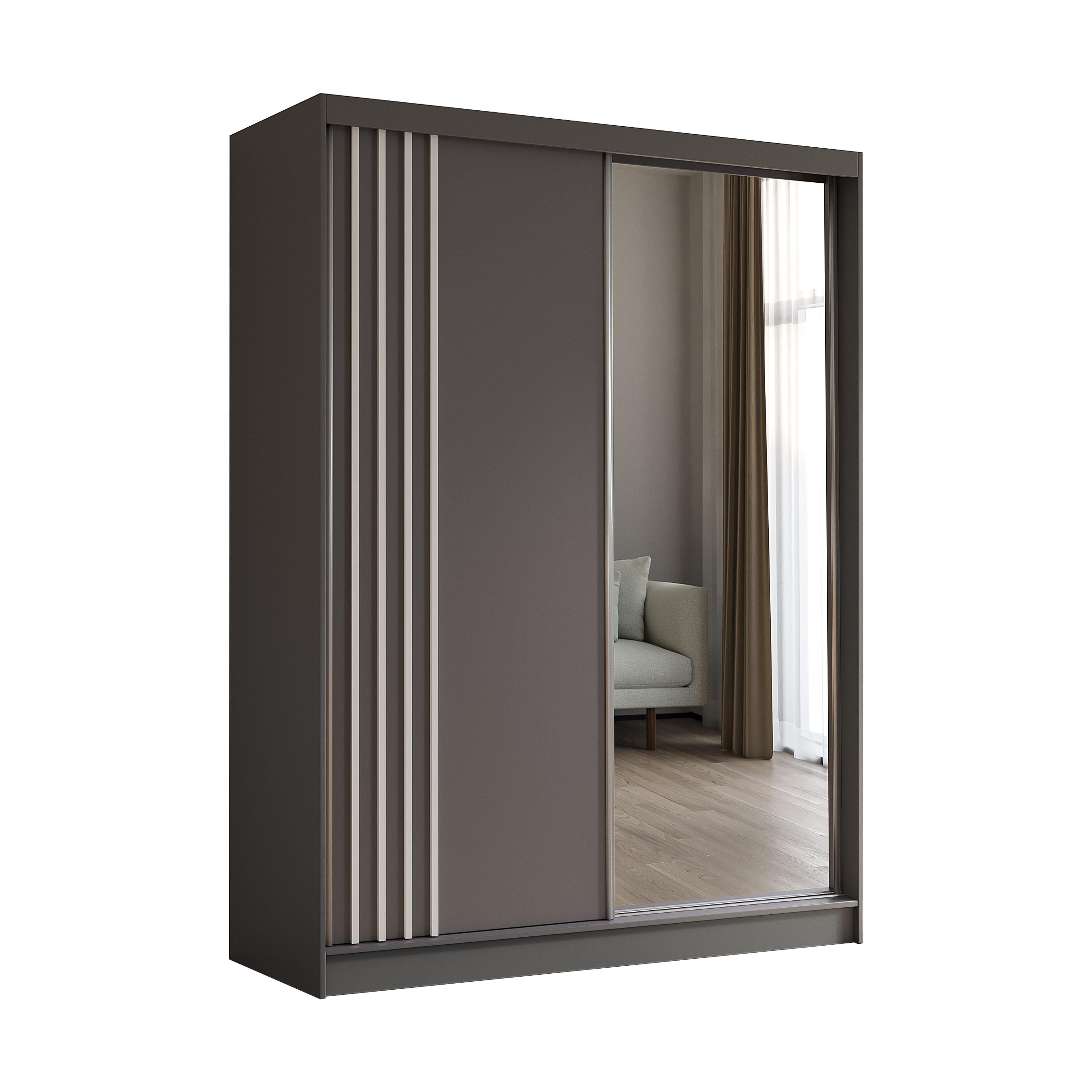 KLEIDERSCHRANK mit Spiegel-Schiebetüren und Aluminium-Leisten, LED-Beleuchtung - NALLA - 160 cm Grau+Grau+Weiß - Weiß/Grau, Holzwerkstoff (160/216/61cm) - ALTDECOR