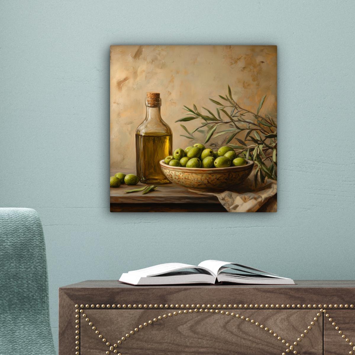 LEINWANDBILD Oliven - Stilleben - Vintage Deko Wohnzimmer 20x20 cm - Olivgrün, Textil (20/20cm) - MuchoWow