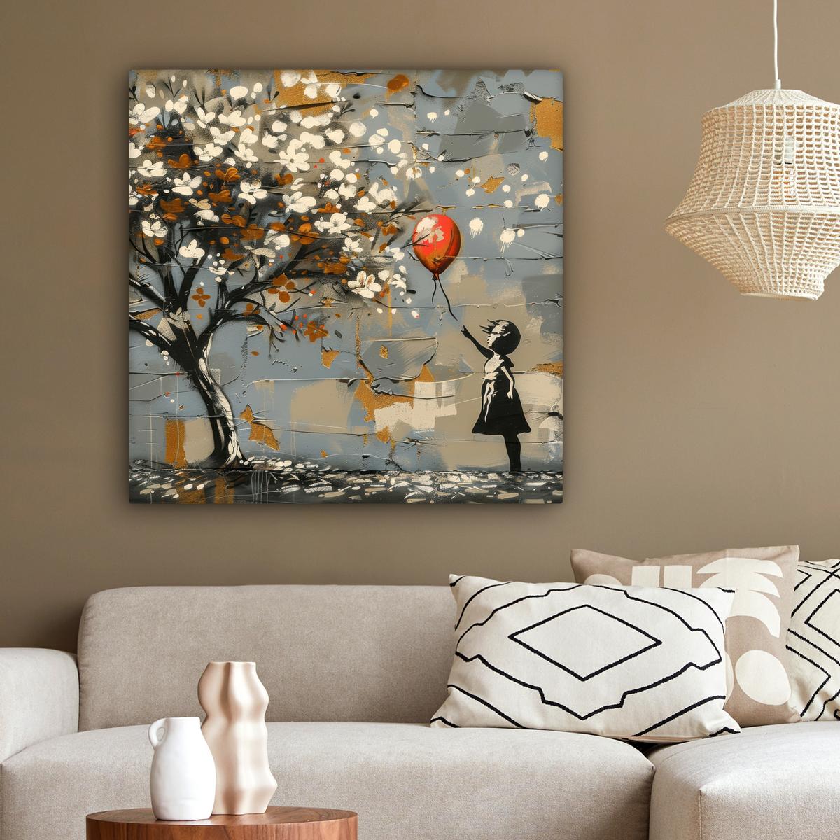 LEINWANDBILD Baum - Graffiti - Banksy-Stil - Ballon-Mädchen Deko Groß 90x90 cm - Blaugrau, Textil (90/90cm) - MuchoWow