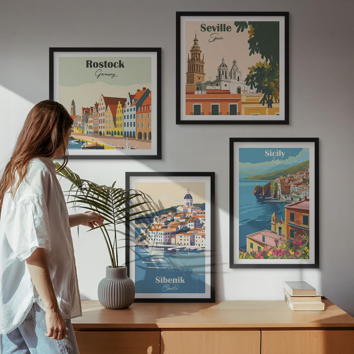 BILDER SET 4er Set - 50x50 cm & 40x60 cm Schwarzer Rahmen - Landschaften europäischer Städte - Schwarz, Kunststoff (50/50cm) - TULUP