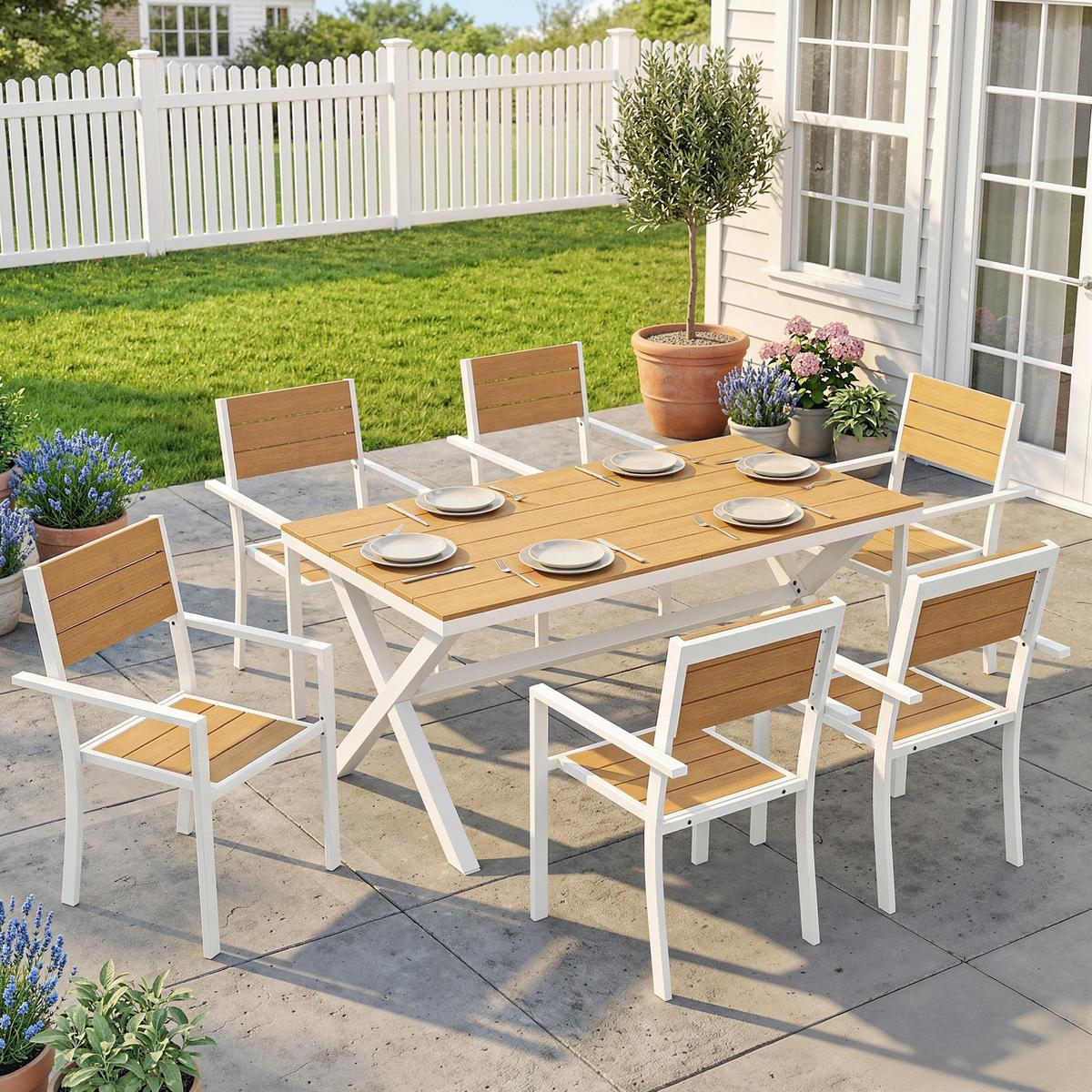 OUTDOOR-ESSGRUPPE 7er Set Aluminium Kunstholz Teak - Weiß, Kunststoff/Metall - Outsunny
