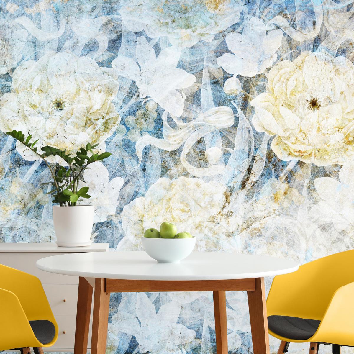 FOTOTAPETE Blumen Abstraktion Vintage Stil 200x140 - Blau/Gelb, Papier (200/140cm) - Muralo