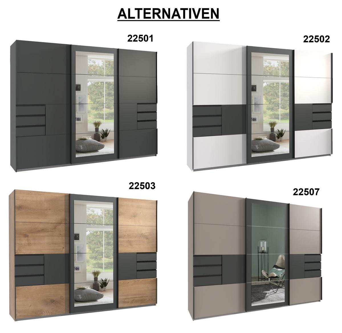 SCHWEBETÜRENSCHRANK 3-türig B270/H208/64 cm in Sandgrau mit Absetzungen in Grafit, Spiegel & Schubladen, Kleiderschrank inkl. Vollausstattung / 22507 - Sandfarben/Blau, Holzwerkstoff/Metall (270/208/64cm) - luma-home