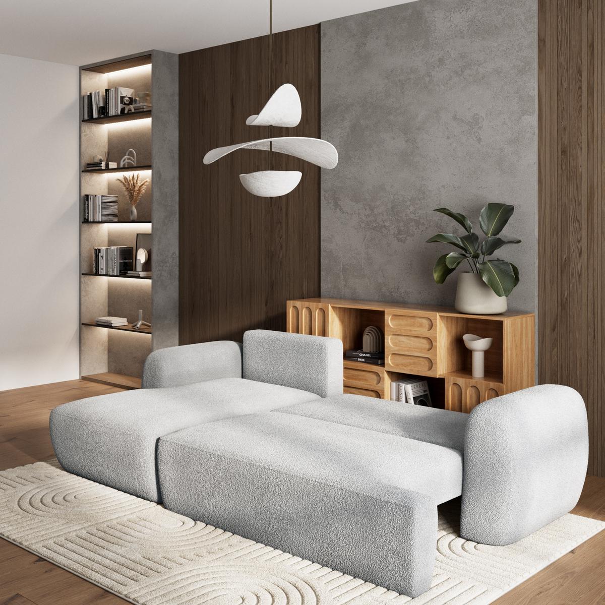 ECKSOFA MODENZA N L-S Hellgrau Boucle-Stoff mit Schlaffunktion - Hellgrau/Schwarz, Holz/Kunststoff (266/148cm) - MASSENO