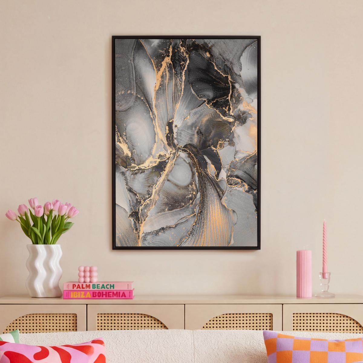 LEINWAND Bilder mit Rahmen - Grau - Luxus - Gold - Marmor - 60x90 - Dunkelgrau, Textil (60/90cm) - MuchoWow
