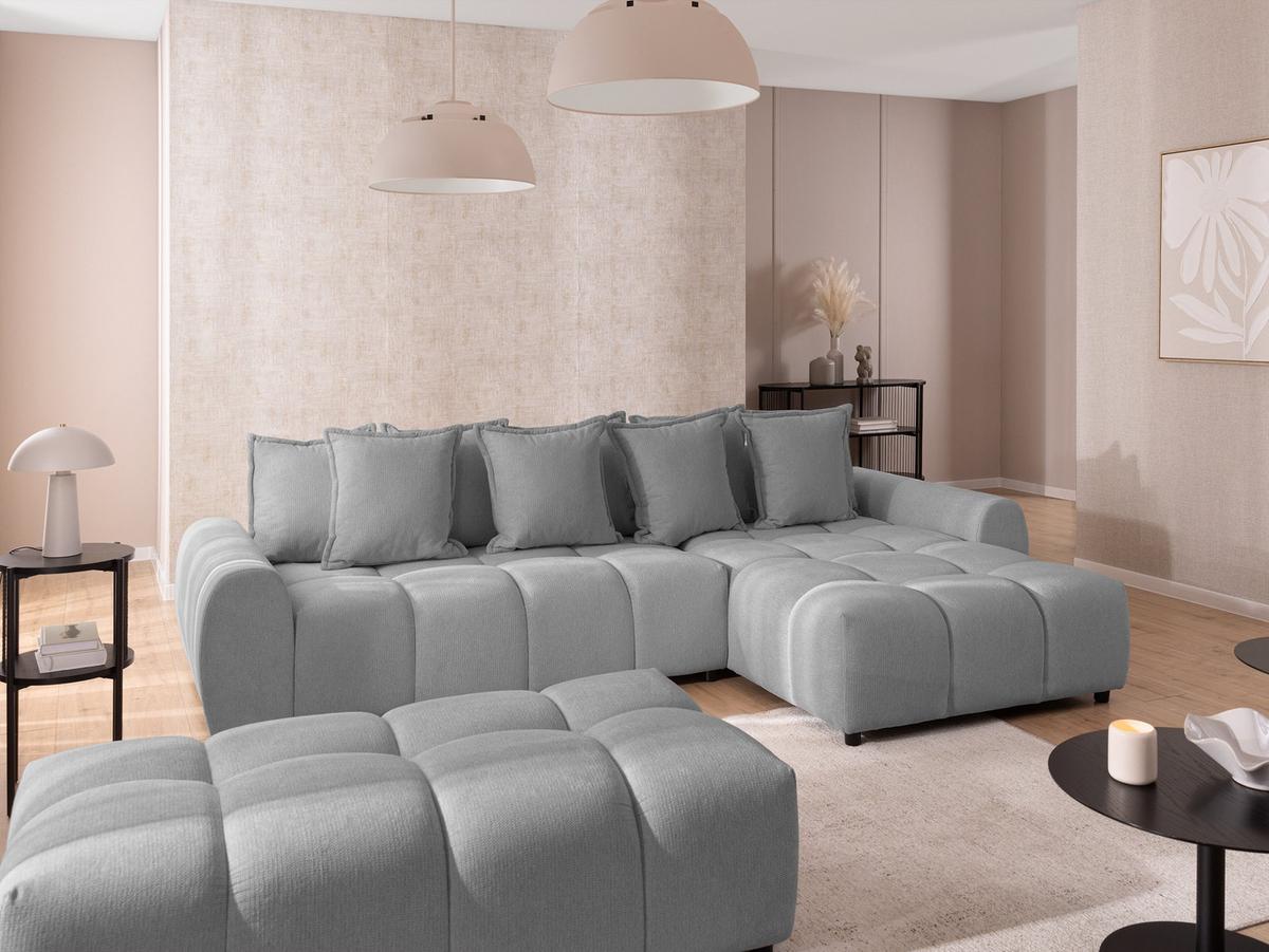 ECKSOFA inkl. Hocker Bubble mit Schlaffunktion und losen Rückenkissen, Sitzfläche Bubble-Optik aus weichem Grau Strukturstoff - Ottomane Rechts - Schwarz/Grau, Holz/Kunststoff (306/180cm) - S-Style