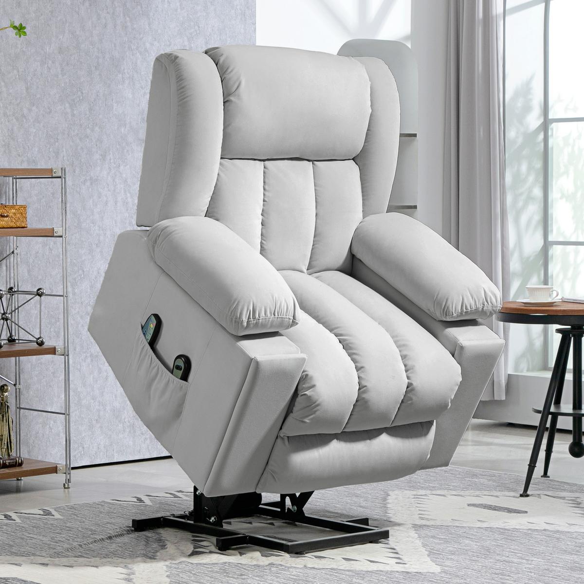 FERNSEHSESSEL mit Aufstehhilfe Relaxsessel mit Massage-/ Wärme-/Liegefunktion - Hellgrau, Textil (93/104/101cm) - HOMCOM
