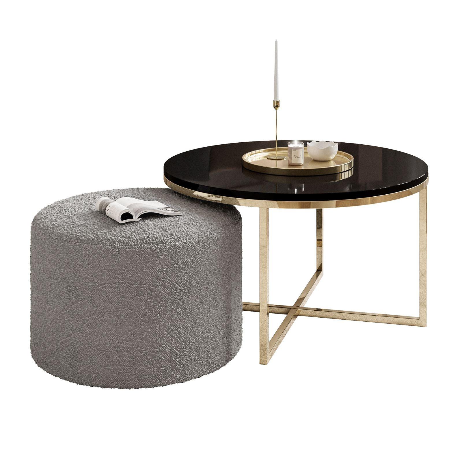 COUCHTISCH CIRI-X mit Hocker Gold Chrom|Schwarz Hochglanz|Ascot taupe - Schwarz Hochglanz/Goldfarben, Holzwerkstoff/Textil (70/70/46cm) - Lookway