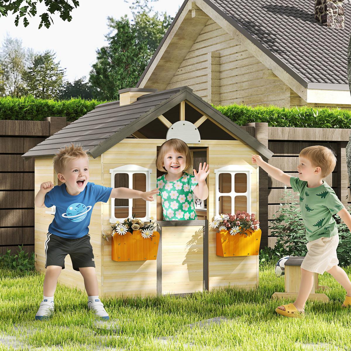 SPIELHAUS für Kinder Holz Kinderspielhaus mit Fenster Briefkasten Holzspielhaus - Naturfarben, Holz (94/134.5/113cm) - Outsunny