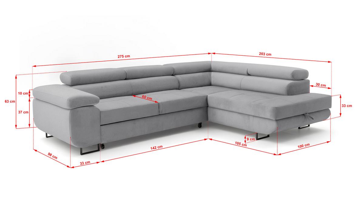 ECKSOFA Velmo mit Bettkasten und Schlaffunktion, verstellbaren Kopfstützen, in L-Form - Hellgrau, Textil (275/203cm)