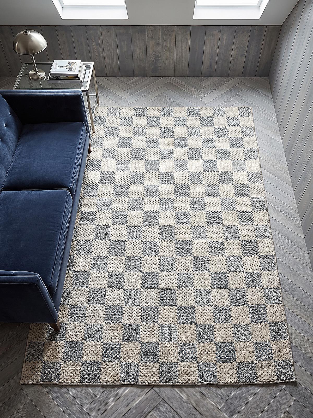 BAUMWOLLTEPPICH waschbar AFTON, Schachbrettmuster, Natur-Blau, 194 x 290 cm - Beige, Textil (194/290cm) - KADIMA DESIGN