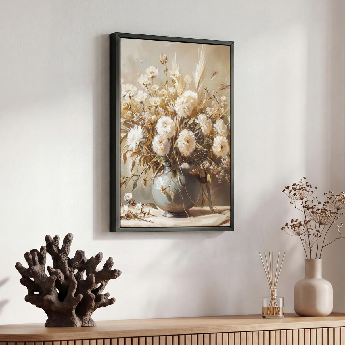 LEINWAND Bilder mit Rahmen - Blumen - Vase - Stilleben - Beige - 30x40 - Creme, Textil (30/40cm) - MuchoWow